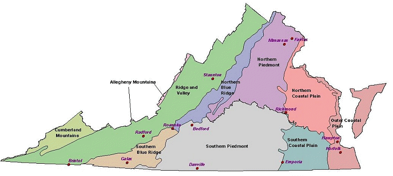 the Virginia Natural Heritage Program defines 10 physiographic provinces