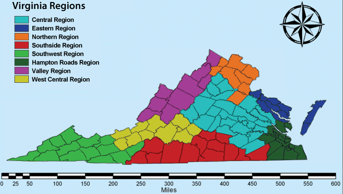 the boundaries of every region of Virginia are different between Virginia Performs vs. Weldon Cooper Center