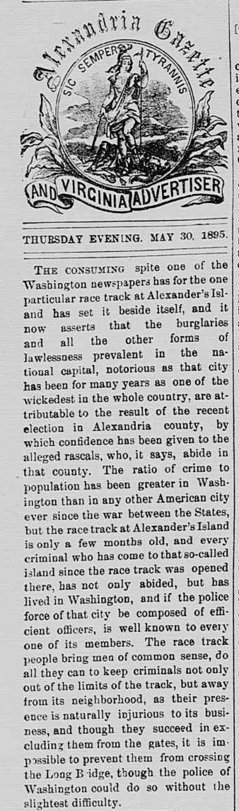 the local newspaper, the Alexander Gazette and Virginia Advertiser, defended gambling at the Alexander Island racetrack