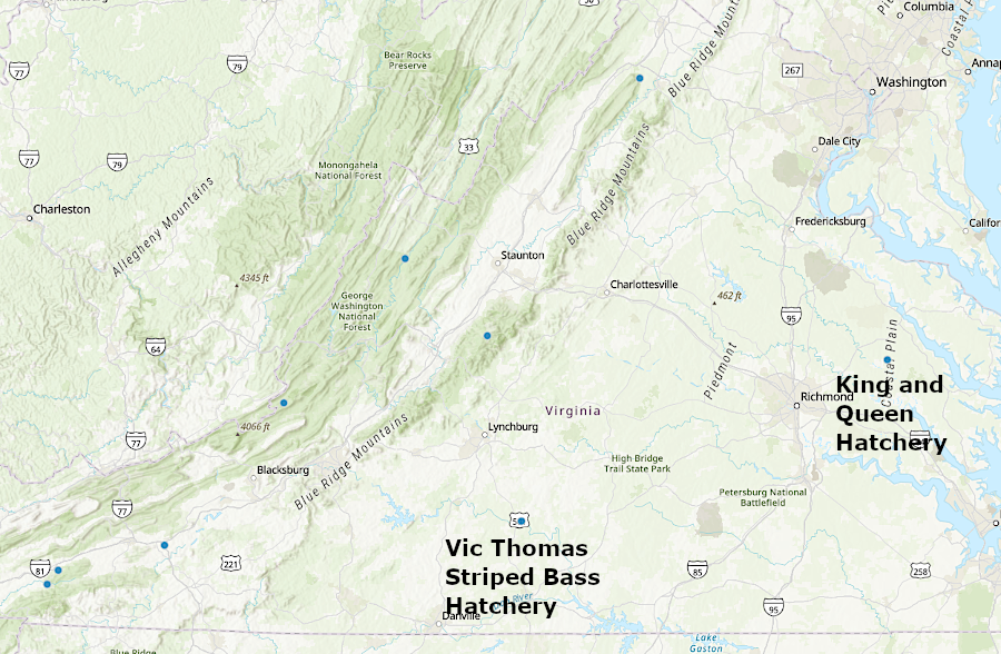 in 2026, two of the state's nine fish hatcheries were east of the Blue Ridge