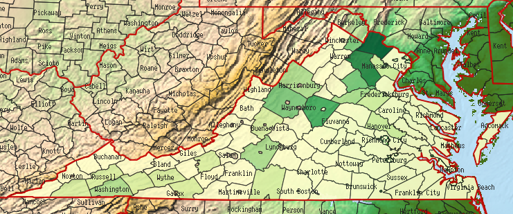 horse ownership on farms is concentrated in counties next to the Blue Ridge