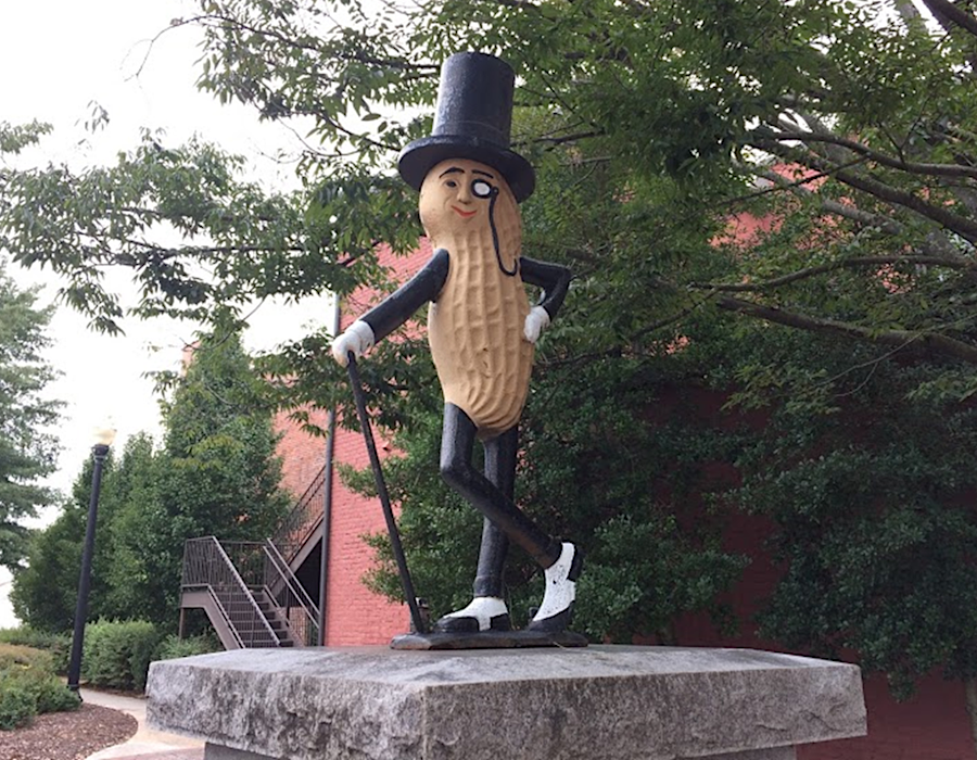 a statue of Mr. Peanut is in downtown Suffolk