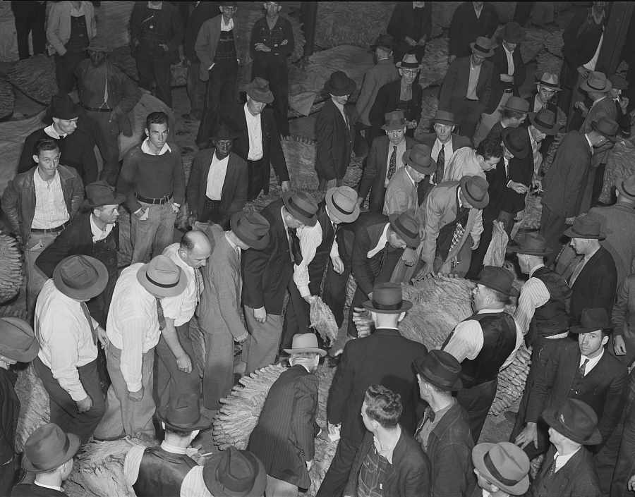 as tobacco buyers walked along lines of sacks of tobacco, the auctioneer generated bids for each sack on the warehouse floor