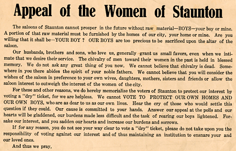 women championed temperance, to redirect the energies of their husbands (and their paychecks) towards the family