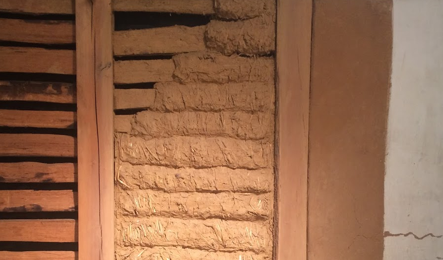 lath (on left) was covered with mud, then plaster which would be whitewashed (right)