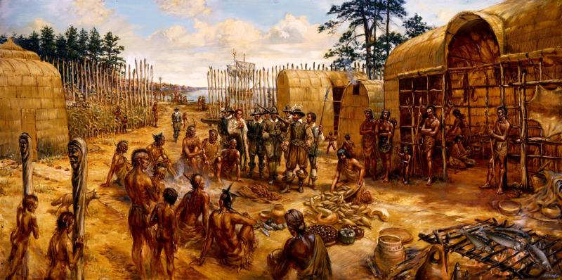 the English who reached Virginia in 1607 discovered that Native Americans built yi-hakans (houses) from saplings and reeds, and towns were often surrounded with wooden palisades