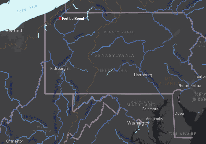Fort Le Boeuf was built 15 miles from Lake Erie, across the watershed boundary on a tributary of Allegheny River near modern-day Waterford, Pennsylvania