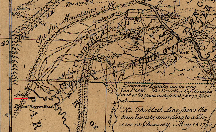 40th degree of latitude and spring at head of Potomac River, landmarks which defined the future Maryland-Pennsylvania-Virginia borders
