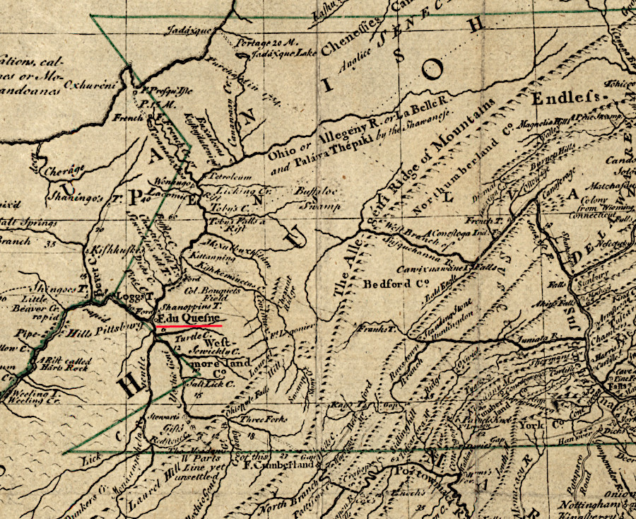 a jagged western boundary (green line) would have given Virginia much of southwestern Pennsylvania but not Fort Duquesne