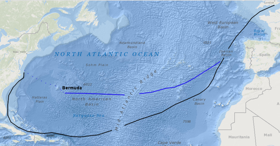 the Third Supply fleet sailed on a route (blue line) north of the traditional path (black line) that took ships from England to the West Indies first