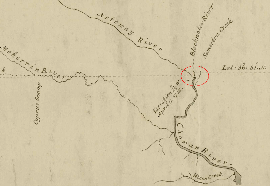 after reaching the Blackwater River, the 1728 surveyors marking the dividing line between Virginia-Carolina moved south to the mouth of the Nottoway River before heading west again