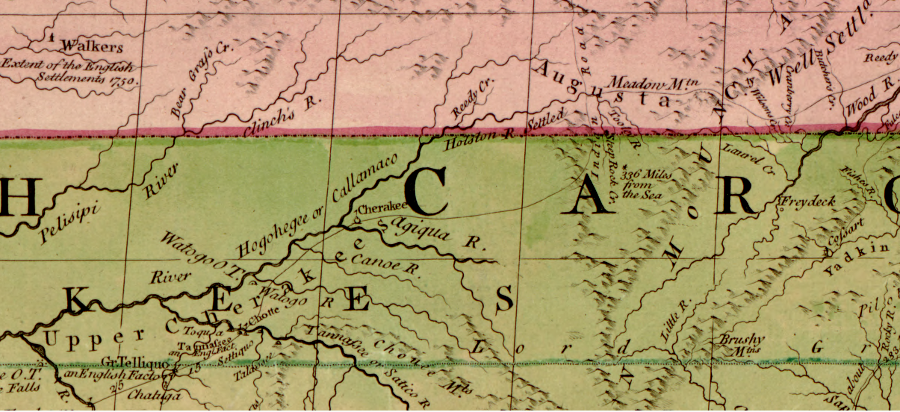 the 1755 John Mitchell map showed Thomas Walker's cabin, built on the Cumberland River in 1750 as he explored beyond the Cumberland Gap for the Loyal Land Company - and the end point of the 1749 survey 336 miles from the sea