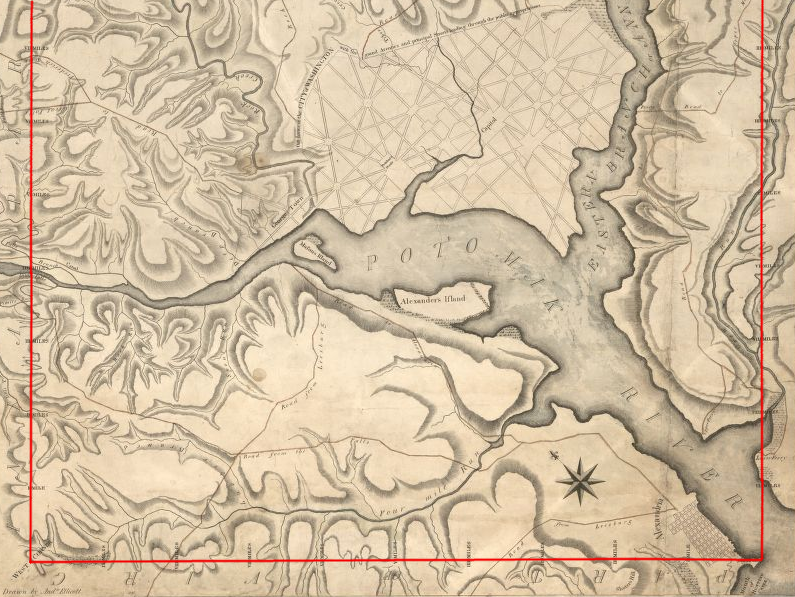 the boundary between Virginia-DC, surveyed by Andrew Ellicott after the 1790 Residence Act, cut straight lines across the Potomac River and topographic features