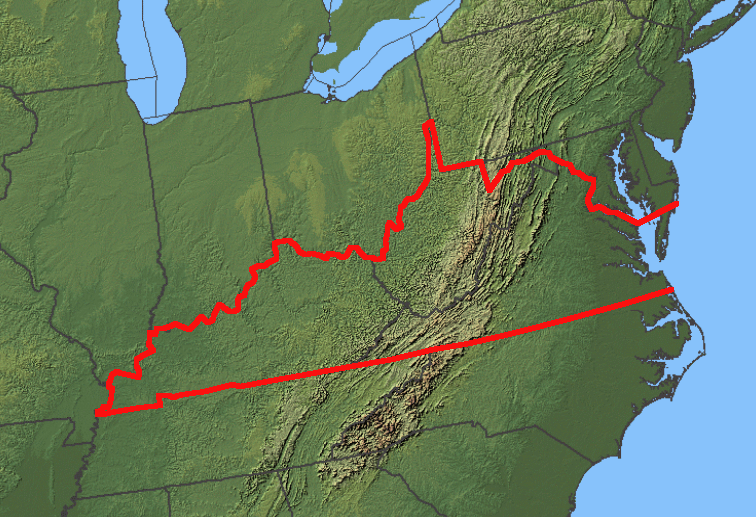 boundaries of Virginia in 1784, after ceding northwestern land claims to the national government but before the creation of Kentucky (1792) or West Virginia (1863)