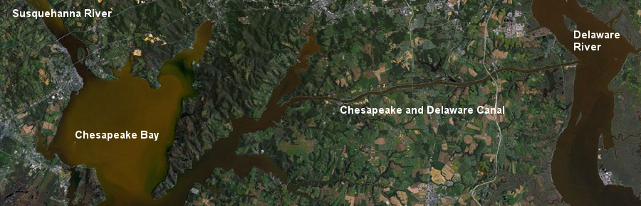 the Chesapeake and Delaware Canal allows ships to take a shortcut from the Chesapeake Bay to the Delaware Bay, bypassing Virginia completely