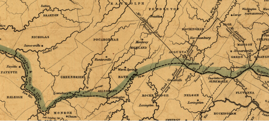 planned route of the Covington and Ohio Railroad, unfinished past Clifton Forge in 1861, extended west through Greenbrier County towards the Ohio River