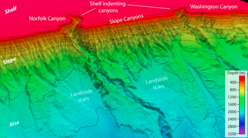 canyons on the edge of the Continental Shelf show former river channels of Pliocene/Pleistocene age