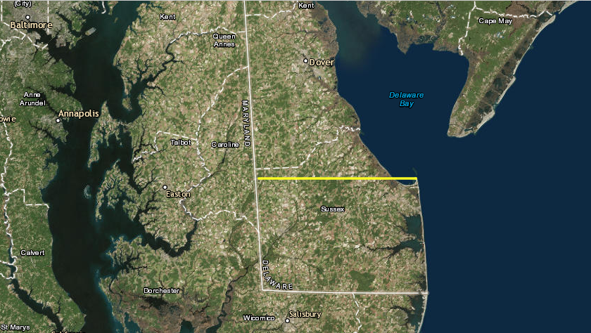territory south of the yellow line ended up in Delaware instead of Maryland, due to mis-location of Cape Henlopen on map