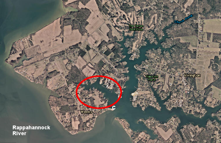 in 1983 the Virginia Supreme Court ruled that English monarchs were entitled to issue land grants that included the bottom of Carter's Cove (red circle, above), transferring the land below the high-water mark out of public ownership