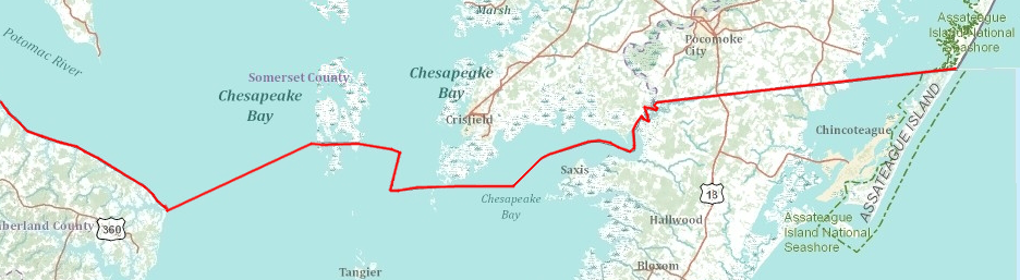 in the 1632 charter for Maryland, the original boundary included a straight line across the Chesapeake Bay to Watkins Point on the Eastern Shore, and then another straight line from Watkins Point due east to the ocean - but the border was altered in the 1877 Black-Jenkins award