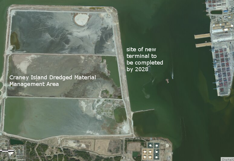 the eastern edge of Craney Island Dredged Material Management Area has been transferred back to the state of Virginia, so there is no question regarding ownership of the new shipping terminal planned to be built  on land purposefully accreted at the eastern edge