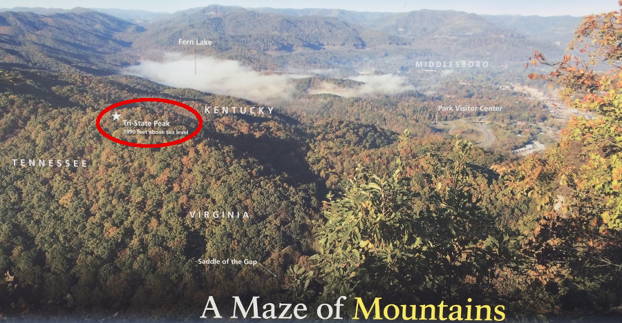 the southwest corner of Virginia is on Tri-State Peak at Cumberland Gap, as shown on a National Park Service sign at Pinnacle overlook