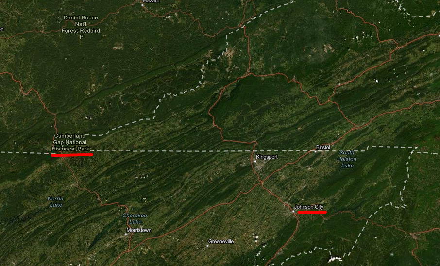 Johnson City is about 75 miles southeast from Cumberland Gap