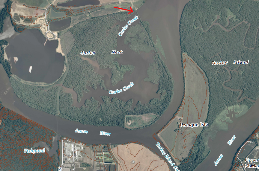 levee across Curles Creek (red arrow) blocks public access to land submerged below Curles Creek that may be private, based on a crown grant