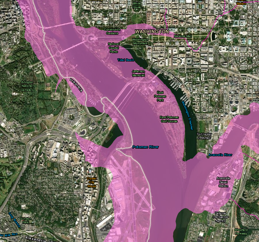 the 1793 mapping by Andrew Ellicott reveals the old mudflats (purple) on the Virginia side of the Potomac River