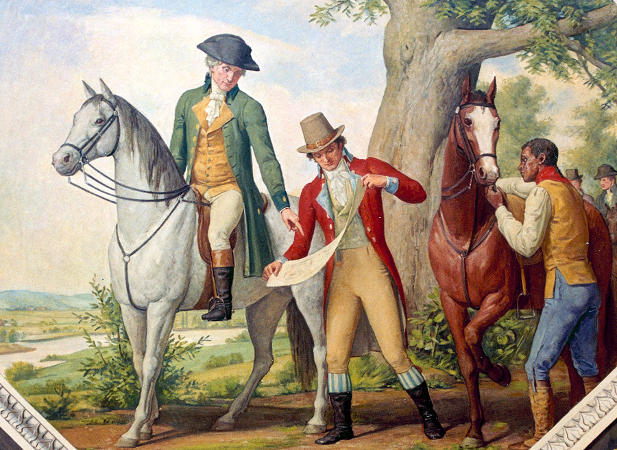 George Washington (on horse) chose the site of the new national capital, Pierre Charles L'Enfant (showing sketch to Washington) prepared the initial city plan, and many unnamed slaves and free black laborers (such as the unidentified man holding the horse) built the structures such as the US Capitol