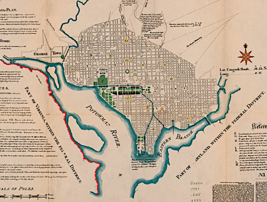 the Virginia-District of Columbia boundary in 1791-1801 was the southern edge of the Potomac River (red line)