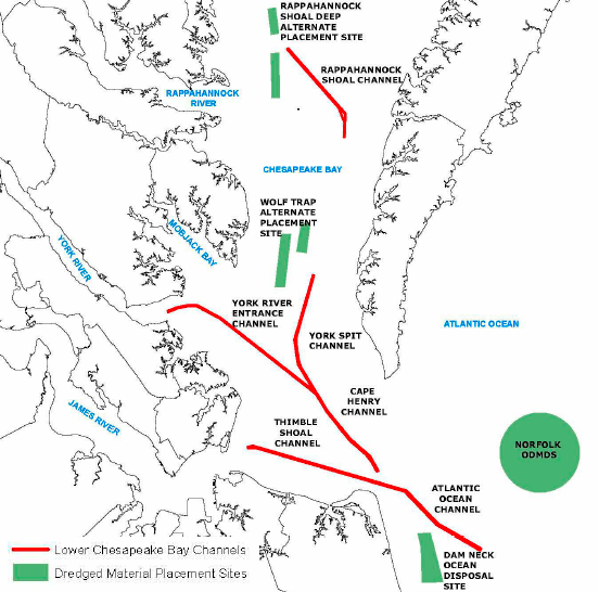two sites for disposal of materials dredged to maintain depth of shipping channels at Hampton Roads are outside the 3-mile boundary and thus controlled by the Federal government, the Dam Neck Ocean Disposal Site and the Norfolk Ocean Dredged Material Disposal Site