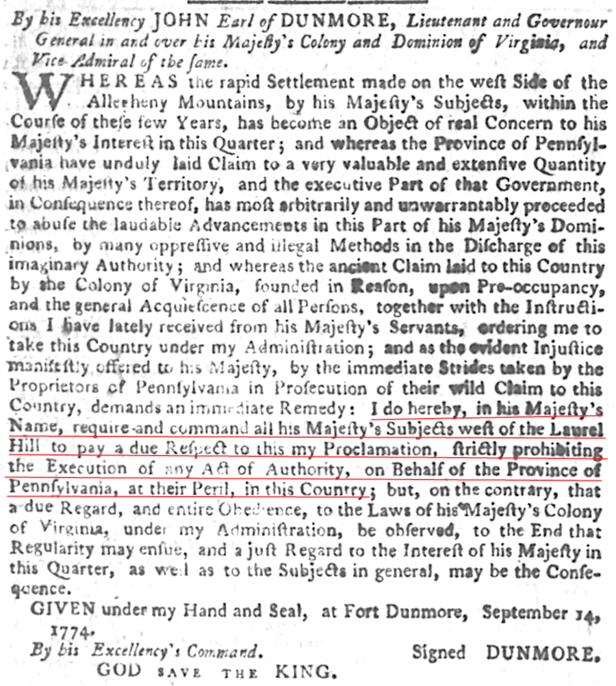while prosecuting Dunmore's War against the Shawnee, the Virginia governor asserted his colony's claim to lands in the Ohio River Valley