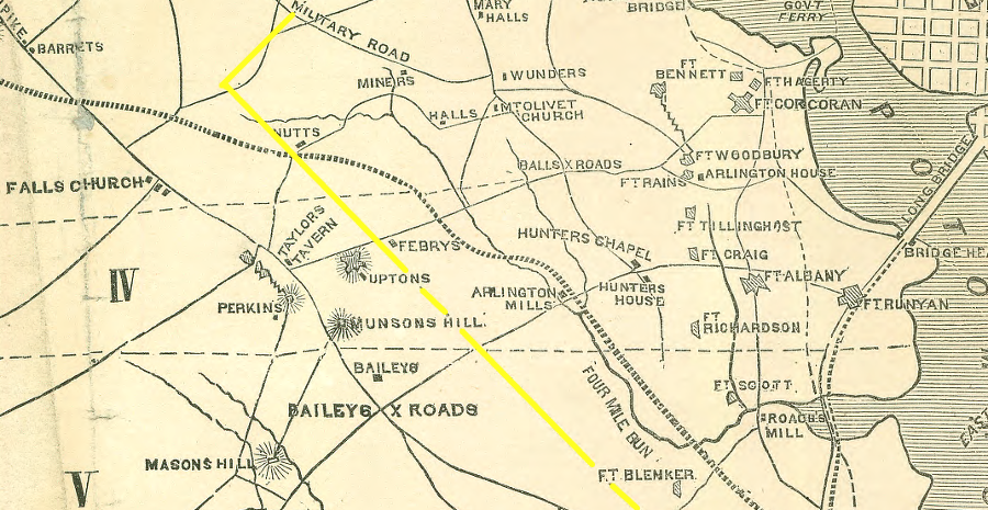 the border between Arlington and Fairfax County (yellow line) was irrelevant to Union engineers who built a circle of forts to protect Washington, DC in the Civil War