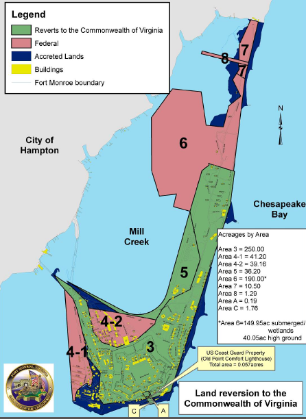 Fort Monroe, showing lands to be reverted to Virginia (in green) and accreted lands (in blue)