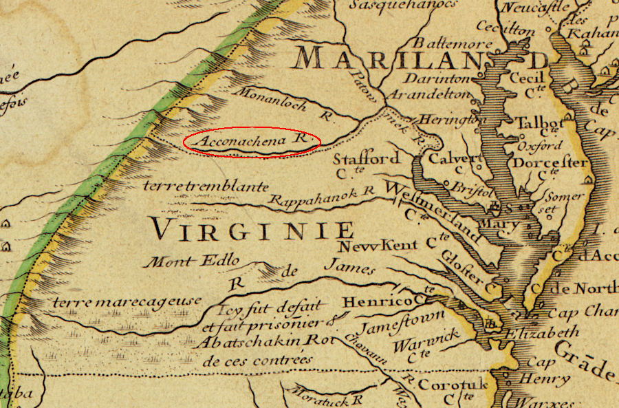 the French in 1718 defined the Acconachena [Shenandoah] River as the Maryland-Virginia border