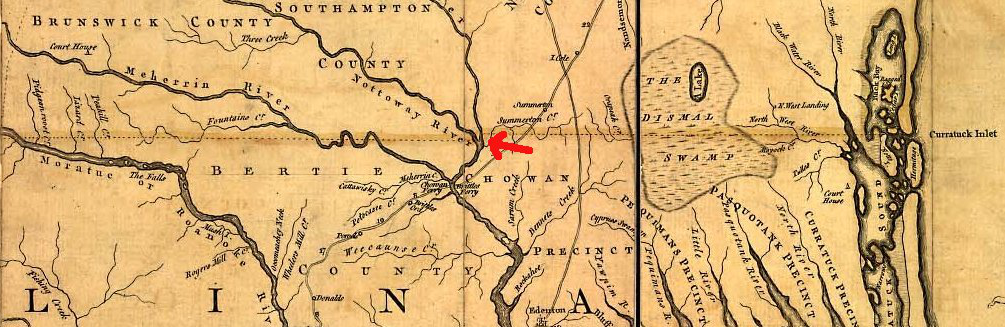 Fry-Jefferson map showing Virginia-North Carolina boundary, from Atlantic Ocean west to Roanoke River (showing notch where boundary line was adjusted at Nottoway River in 1728