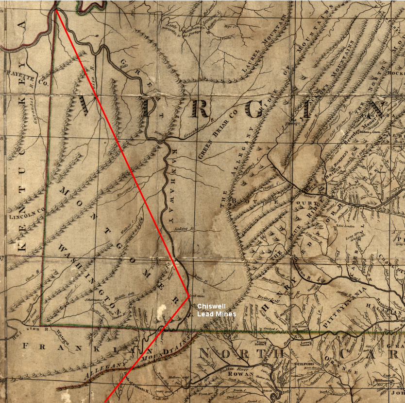 the 1768 Treaty of Hard Labor defined the edge of colonial settlement vs. the Cherokee Hunting Grounds, by drawing a line north from a site near South Carolina to Chiswell's Mine and then directly to the mouth of the Kanawha River