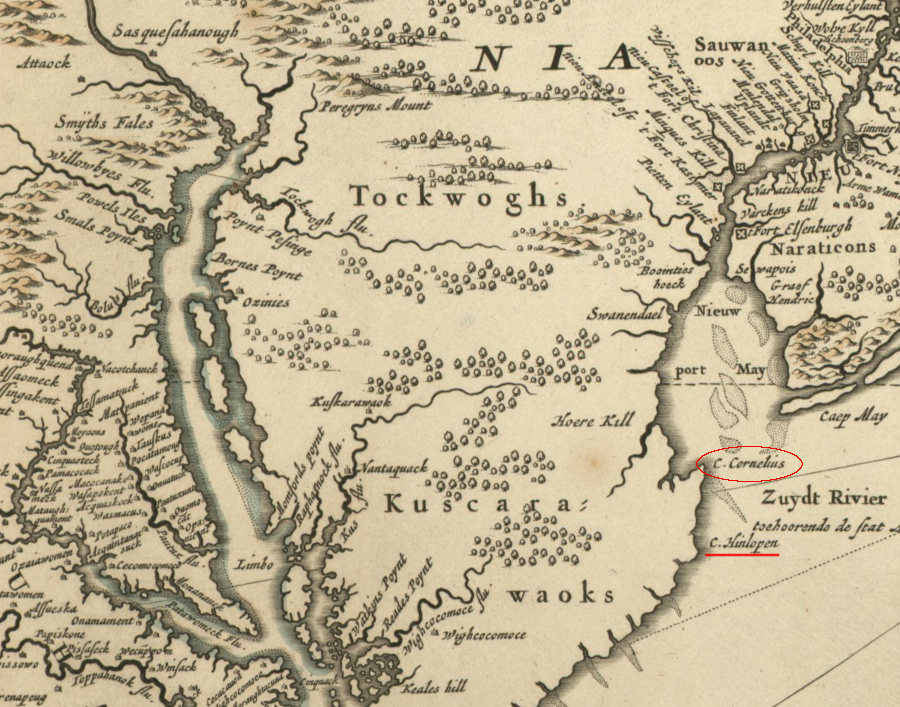 the Calverts and Penns used an incorrect map that labeled Fenwick Island as Cape Henlopen, but the Calverts later failed in their efforts to get the correct location - marked on the map as Cape Cornelius - used to define the southern border of the Lower Counties (Delaware)