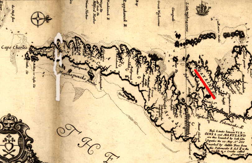 Watkins Point and MD-VA boundary, as drawn by Augustine Hermannn in 1670