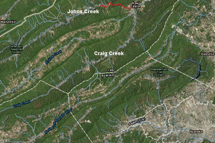 a 2015 administrative declaration by the Virginia Marine Resources Commission (VMRC) opened a stretch of Johns Creek to boating (red line), but property owners responded with a lawsuit claiming the state agency was condemning private property included in Kings Grants issued in 1760, 1770, and 1786 - prior to the 1792 date used in the agency's Subaqueous Guidelines to assert state ownership