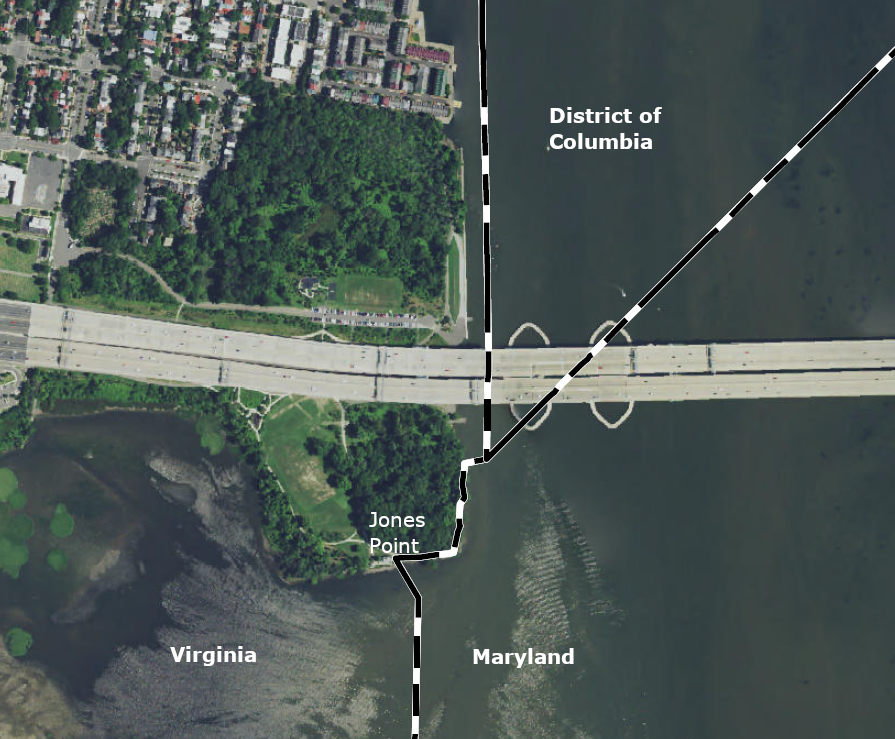the straight Mathews-Nelson line defines the Virginia-Maryland boundary south of Jones Point and the Woodrow Wilson Bridge