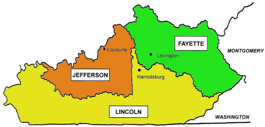 by 1776, Kentucky County had been split into Jefferson, Lincoln, and Fayette counties