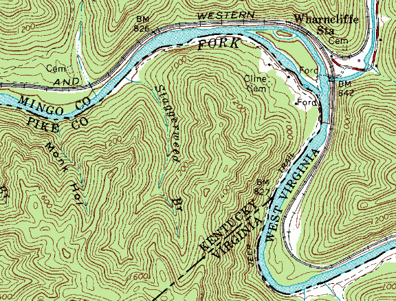 northern tip of VA-KY survey line (note that Virginia retained rights to the far shore of the Tug Fork, and West Virginia inherited those rights to the entire river)