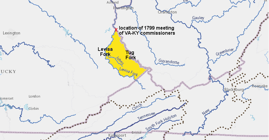 the yellow on the map shows how much of Kentucky would have been placed in Virginia (now West Virginia) if the Levisa Fork had been chosen as the main or north easterly branch of the Big Sandy River