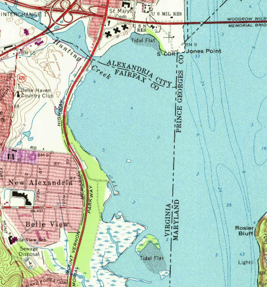 Federal maps of the Virginia-Maryland boundary downstream of Jones Point added a jog in the Virginia-Maryland boundary at the edge of Alexandria-Fairfax between 1965 and 2013