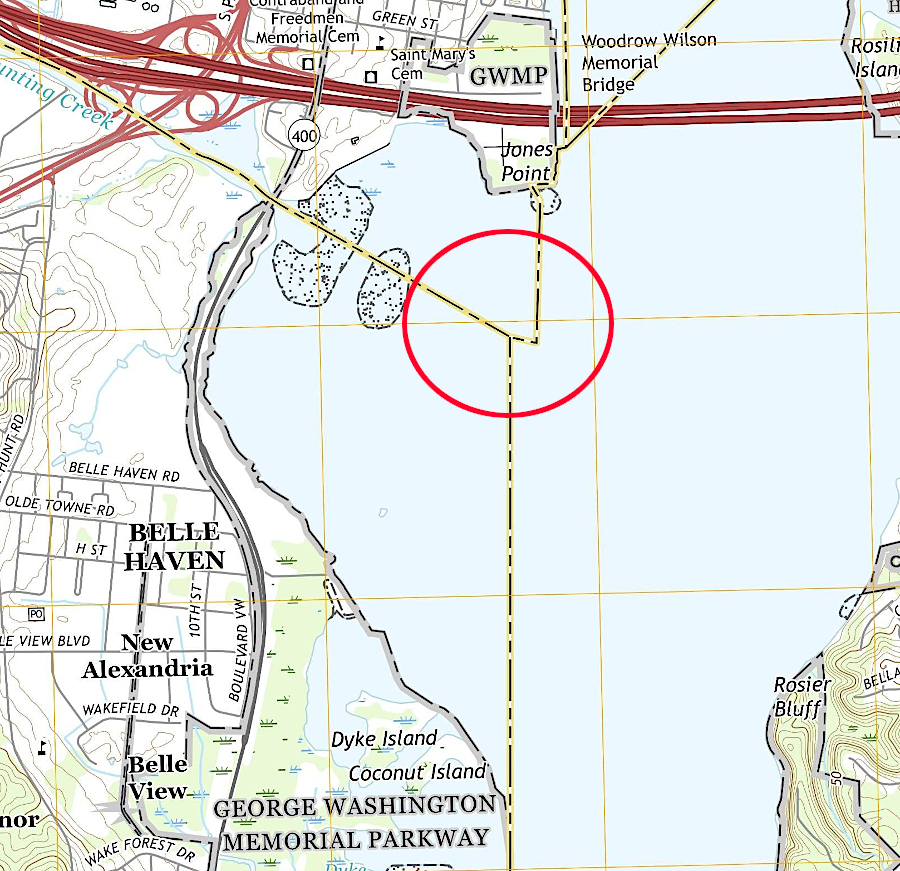 Federal maps of the Virginia-Maryland boundary downstream of Jones Point added a jog in the Virginia-Maryland boundary at the edge of Alexandria-Fairfax between 1965 and 2013