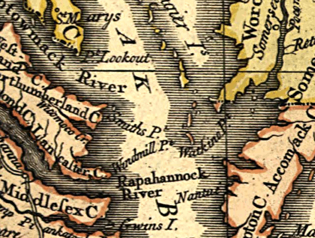 Watkins Point and MD-VA boundary, as drawn by John Mitchell in 1755