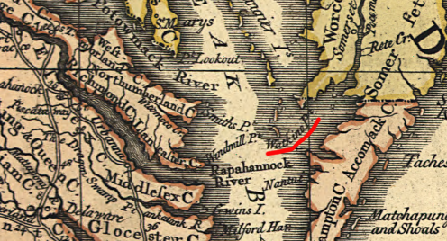 Watkins Point and MD-VA boundary, as drawn by John Mitchell in 1755