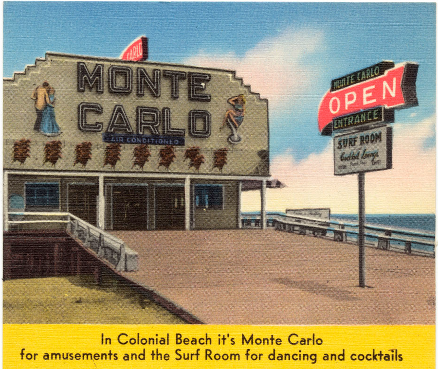 the opportunity to gamble at Colonial Beach, on a pier extending into Maryland, was highlighted in a pre-World War II postcard